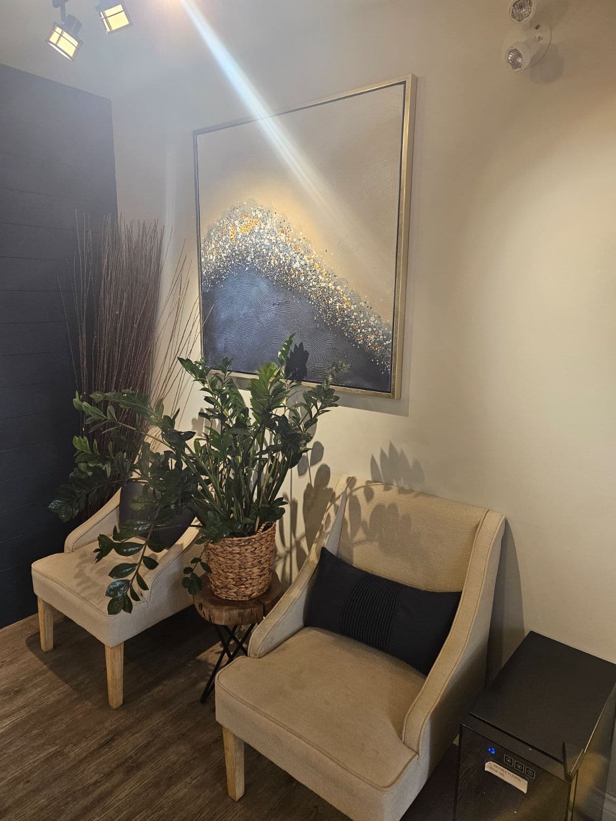 Armchairs and plants in the waiting area at Back in Health in Kelowna